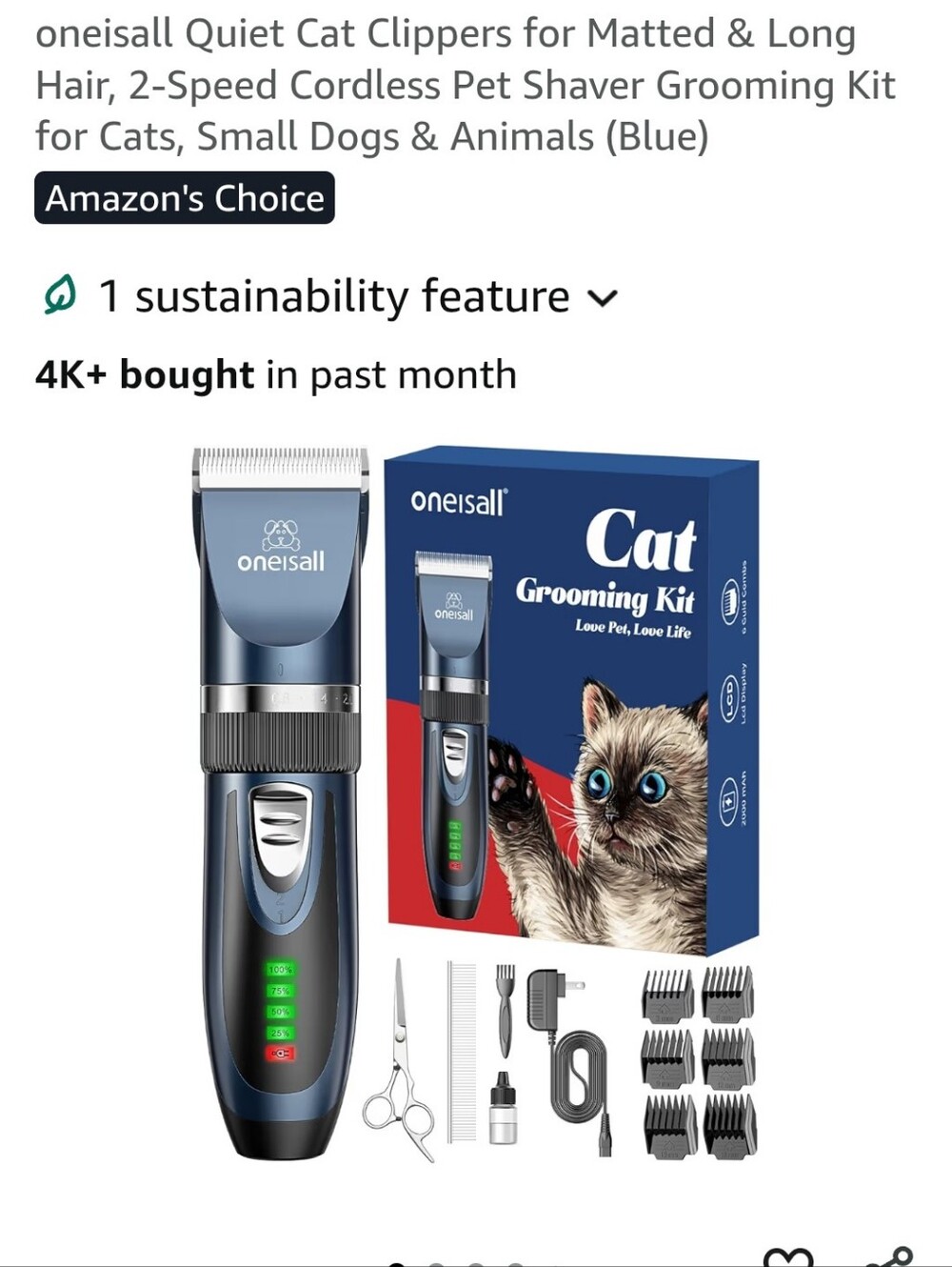 oneisall Quiet Cat Clippers for Matted & Long Hair, 2-Speed Cordless Pet Shaver